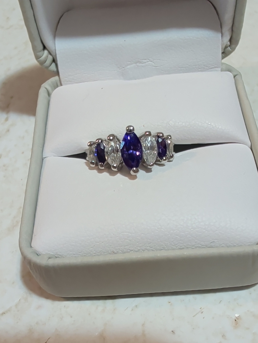 Elegant Silver Ring with Deep Blue Marquise Gemstones 925 Silver Size 4.5